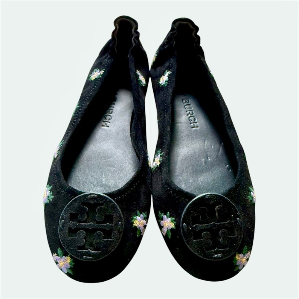 Tory Burch Minnie Travel Ballet Flats Black Suede Embroidered Logo Womens sz 8 M